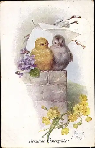 Künstler Ak Kränzle, Josef, Glückwunsch Ostern, Zwei Vögel, Weidenkätzchen, Blumen