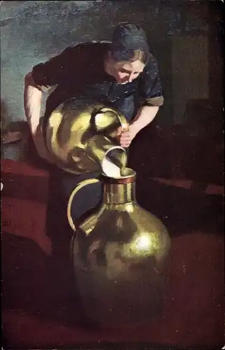 Künstler Ak Schild, Das Milchmädchen, Frau füllt Milch um