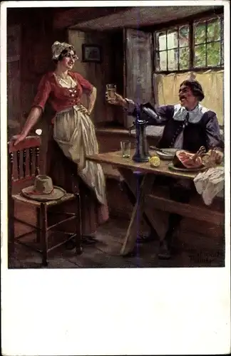 Künstler Ak Schivert, Wirtshausszene, Wirtin, Mann am Tisch