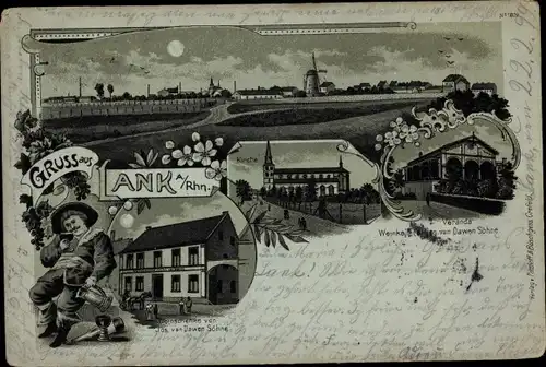 Mondschein Litho Lank Latum Meerbusch am Niederrhein, Kirche, Weinschenke, Blick auf den Ort