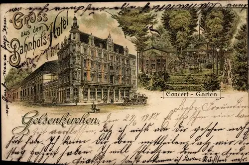 Litho Gelsenkirchen im Ruhrgebiet, Bahnhofs Hotel, Konzertgarten