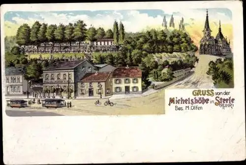 Litho Steele Essen im Ruhrgebiet, Michelshöhe, Straßenbahn, Kirche