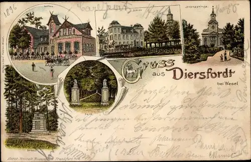 Litho Diersfordt Wesel am Niederrhein, Schlosskirche, Schloss, Denkmal, Park, Gasthaus
