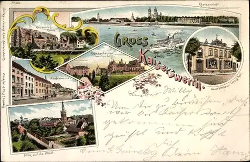 Litho Kaiserswerth Düsseldorf am Rhein, Geschäftshaus, Krankenhäuser am Fronberg, Kaiserpfalz