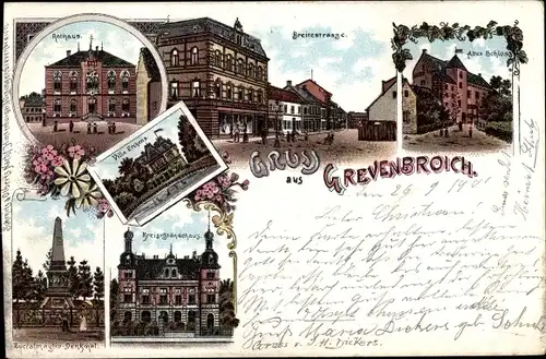 Litho Grevenbroich im Rhein Kreis Neuss, Breitestraße, altes Schloss, Kreis Ständehaus, Rathaus