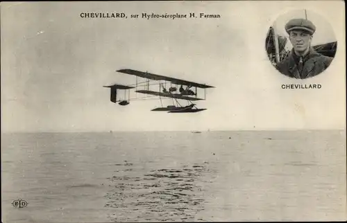 Ak Maurice Chevillard sur Hydro aeroplane H. Farman, Wasserflugzeug, Pilot, Portrait