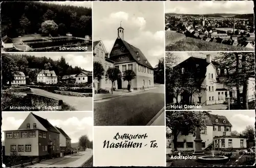 Ak Nastätten im Taunus, Teilansicht, Hotel Oranien, Adolfsplatz, Schwimmbad, Mineralquelle Schwall