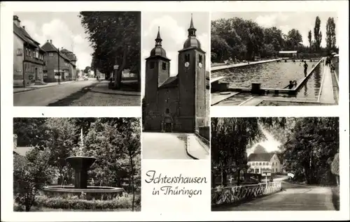 Ak Ichtershausen in Thüringen, Kirche, Straßenpartie, Brunnen, Freibad