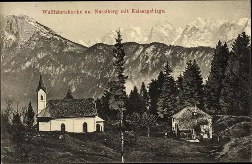 Ak Oberaudorf am Inn Oberbayern, Wallfahrtskirche am Nusslberg mit Kaisergebirge