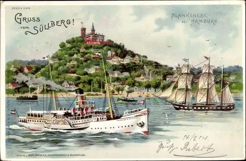 Litho Hamburg Altona Blankenese, Blick auf den Süllberg, Segelschiff, Salondampfer