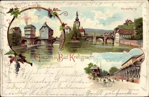 Litho Bad Kreuznach in Rheinland Pfalz, Kauzenburg, Nahe Brücke, Kurhaus