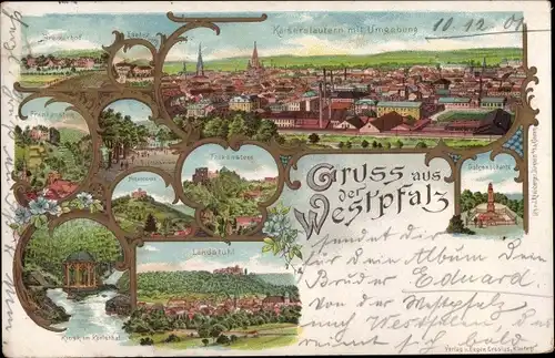 Litho Kaiserslautern in der Pfalz, Gesamtansicht, Lanstuhl, Falkenstein