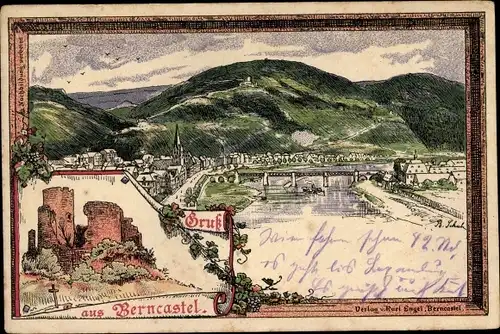 Litho Bernkastel Kues an der Mosel, Gesamtansicht, Burgruine