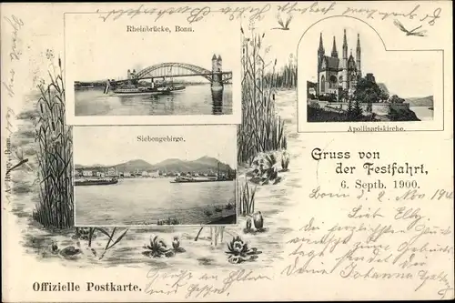 Ak Bonn am Rhein, Siebengebirge, Rheinbrücke, Apollinariskirche, Festfahrt 1900