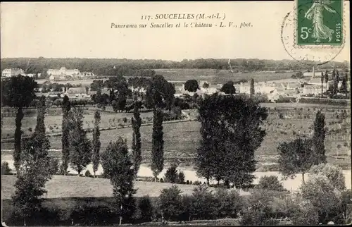 Ak Soucelles Maine et Loire, Panorama sur Soucelles et le Château