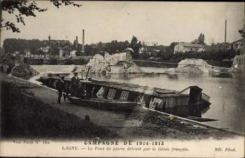 Ak Lagny Seine et Marne, le Pont de pierre détruit par le Génie francais, Kriegszerstörungen, I. WK