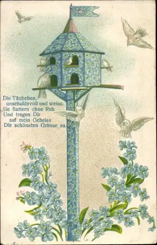 Präge Litho Taubenschlag, Vergissmeinnicht, Die Täubchen, unschuldsvoll und weiss