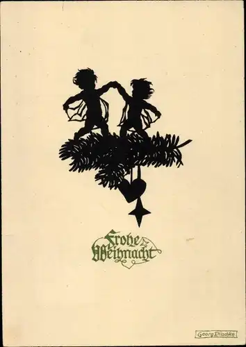 Scherenschnitt Ak Plischke, Georg, Glückwunsch Weihnachten, tanzende Kinder, P 16