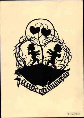 Scherenschnitt Ak Plischke, Georg, Nr. 129, Zauberbäumchen, Engel, Herzen