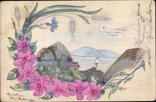 Handgemalt Ak Paulsen, Heinrich, Landschaft mit Bergen und Gewässer, Blüten, Kornblume
