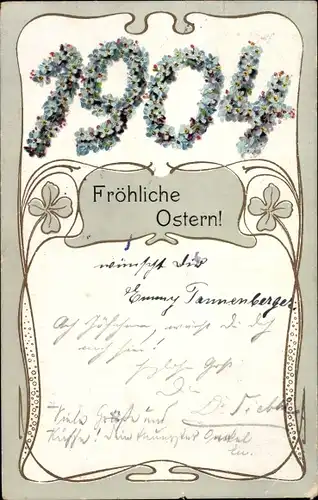 Litho Glückwunsch Ostern, Jahreszahl 1904, Kleeblätter, Blüten