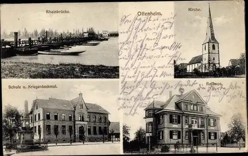Ak Ottenheim Schwanau in Baden, Rheinbrücke, Kirche, Schule, Kriegerdenkmal, Rathaus