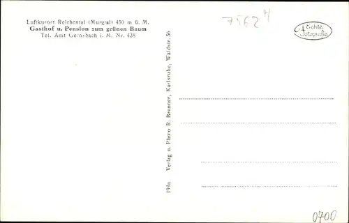Ak Reichental Gernsbach im Murgtal Schwarzwald, Gasthof zum grünen Baum, Schwarzwaldstube