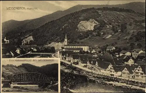 Ak Weisenbach im Murgtal Schwarzwald, Panorama, Eisenbahnbrücke