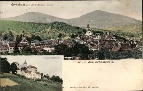 Ak Gernsbach im Murgtal Schwarzwald, Schloss Eberstein, Panorama von der Loffenauer Straße