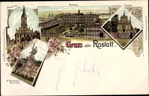 Litho Rastatt im Schwarzwald, Schloss, Stadtkirche, Einsiedler Kapelle, St. Bernhards Brunnen