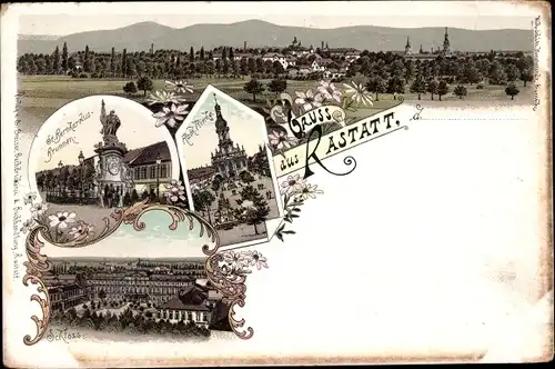 Litho Rastatt im Schwarzwald, Panorama, Schloss, St. Bernhardus Brunnen, Kirche