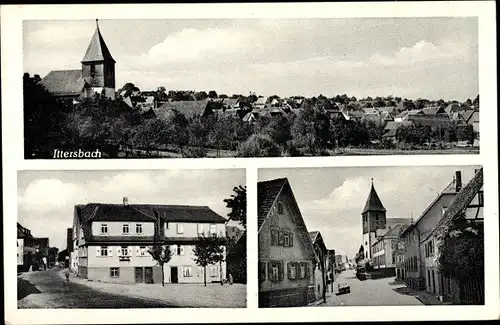 Ak Ittersbach Karlsbad in Baden, Panorama, Kirche, Straßenpartie, Gasthaus