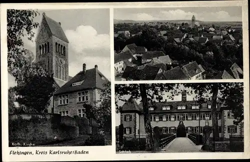 Ak Flehingen Oberderdingen in Baden, Kath. Kirche, Panorama, Schloss