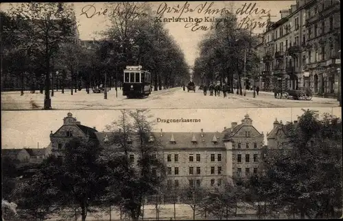 Ak Karlsruhe in Baden, Kaiserallee, Straßenbahn, Dragonerkaserne