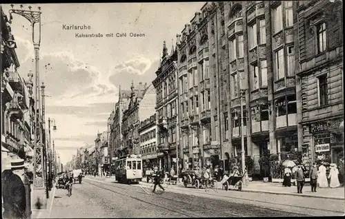 Ak Karlsruhe in Baden, Kaiserstraße mit Café Odeon, Tram