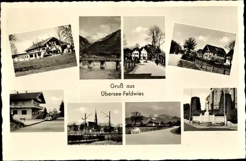 Ak Feldwies Übersee am Chiemsee, Dorfansichten, Brücke, Gasthof, Denkmal