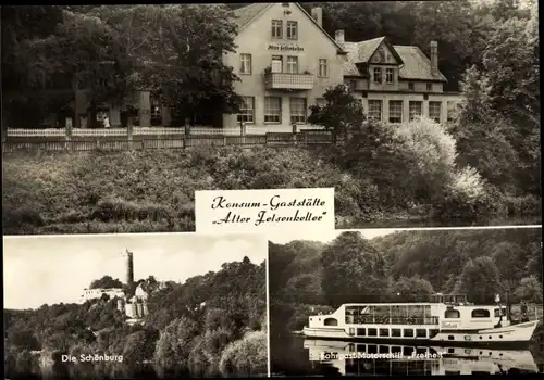 Ak Naumburg an der Saale, Alter Felsenkeller, Motorschiff Freiheit, Schönburg