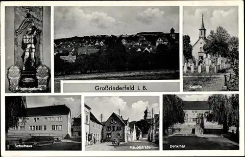 Ak Großrinderfeld in Tauberfranken, Kapelle, Denkmal, Schulhaus, Totalansicht, Hauptstraße