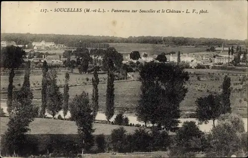 Ak Soucelles Maine et Loire, Panorama sur Soucelles et le Château