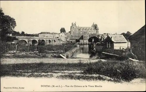 Ak Durtal Maine et Loire, vue du Château et le vieux Moulin