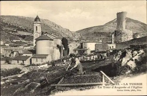 Ak La Turbie Alpes Maritimes, La Tour d'Auguste et l'Eglise