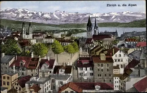 Ak Zürich Stadt Schweiz, Blick auf die Stadt und Alpen