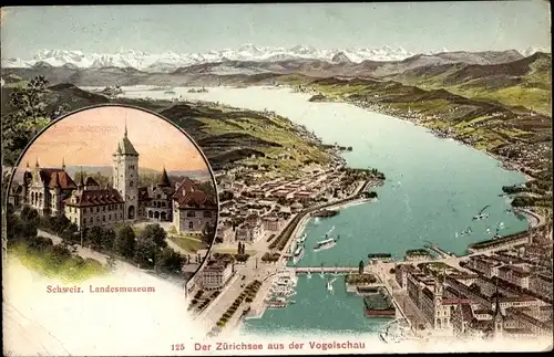 Ak Zürich Stadt Schweiz, Der Zürichsee aus der Vogelschau, Schweizerisches Landesmuseum