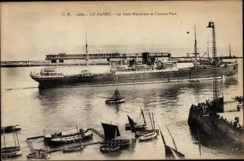 Ak Le Havre Seine Maritime, La Gare Maritime et l'Avant Port, Dampfschiff