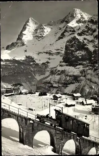 Ak Mürren Kanton Bern Schweiz, Allmendhubel Standseilbahn, Mönch, Eiger, Winter