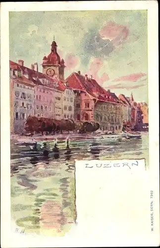 Künstler Litho Luzern Stadt Kanton Luzern, Stadtpartie, Häuser, Kirchturm