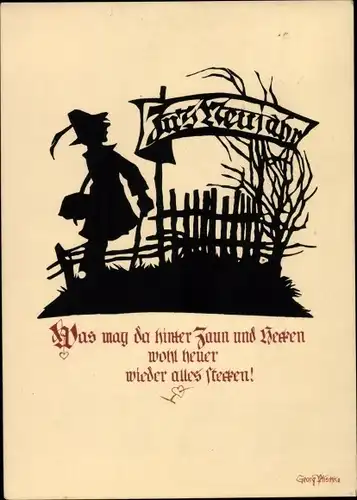 Scherenschnitt Ak Plischke, Georg, Glückwunsch Neujahr, Was mag da hinter Zaun und Hecken, P 35