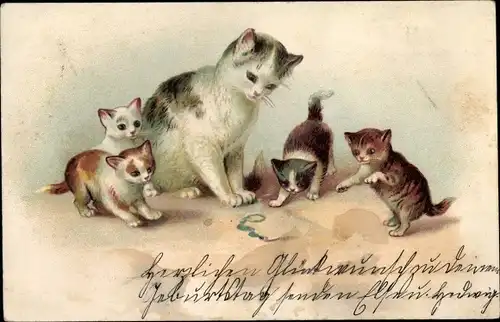 Präge Litho Hauskatzen, Katzenmutter mit Kindern