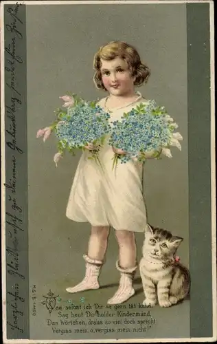 Präge Litho Mädchen mit Vergissmeinnicht und Katze