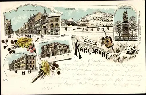Winter Litho Karlsruhe in Baden, Kaiserstraße, Lauterberg, Kriegerdenkmal, Polytechnikum, Hoftheater